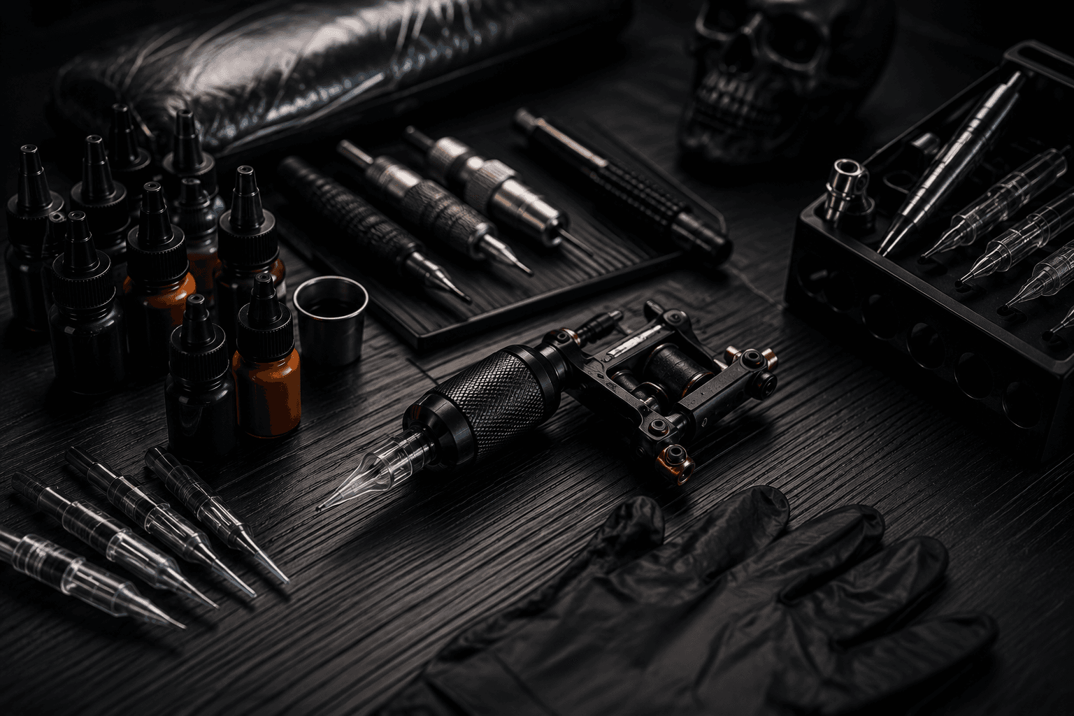 Professional tattoo machine, inks, cartridges and gloves on a dark workbench